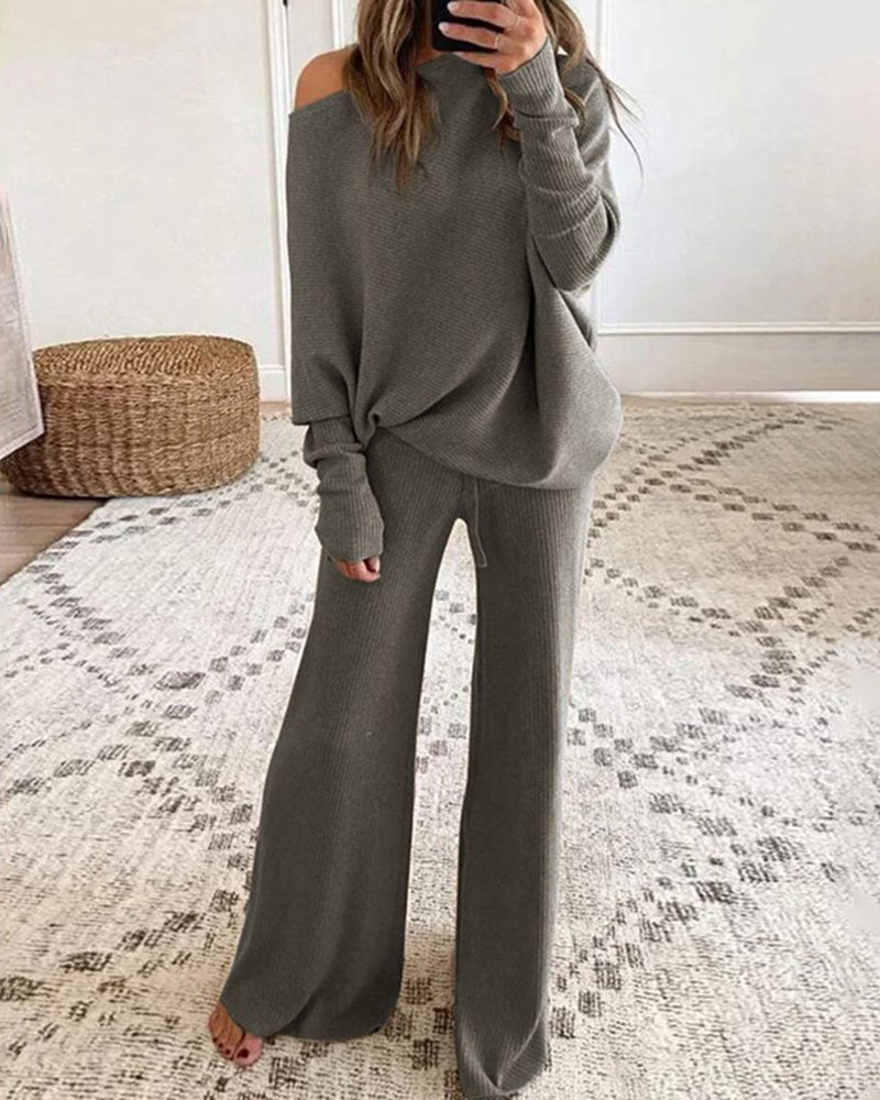 two piece sweatsuit lone sleeve knit sweater wide leg pants outfits loungewear set