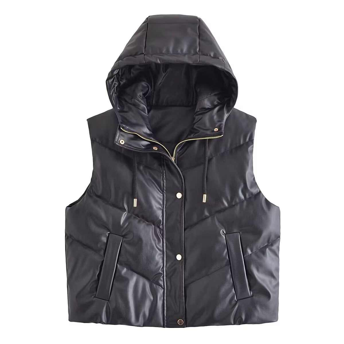 Hooded Faux Leather Jacket Vest for Women    