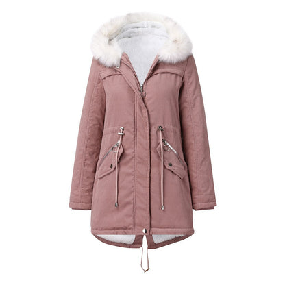 White Fur Collar Parka: Women's Mid-Length Hooded Winter Coat with Cotton Padding  M Navy Blue 