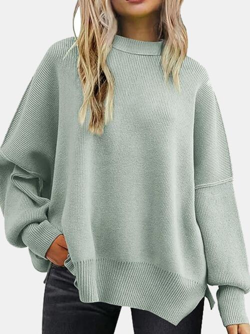 13 Colors - Round Neck Drop Shoulder Slit Sweater Ti Amo I love you