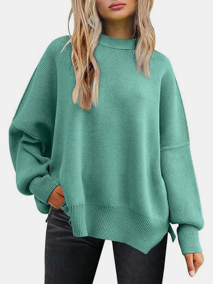 13 Colors - Round Neck Drop Shoulder Slit Sweater Ti Amo I love you