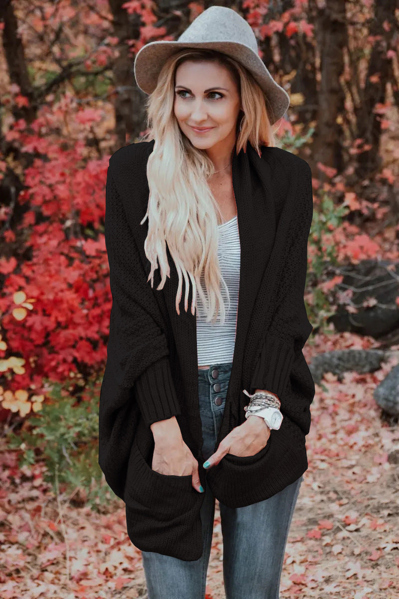 Oversized Knit Cardigan Sweater with Batwing Sleeves for Winter    