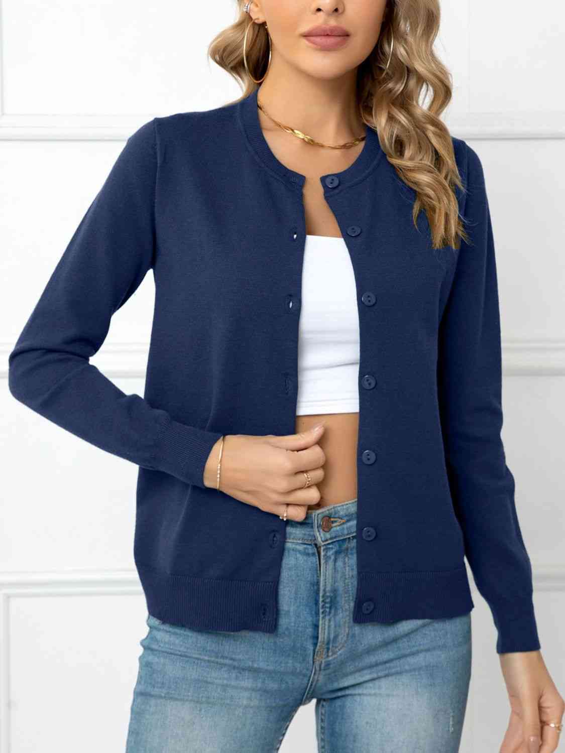 Button Down Round Neck Cardigan - Deals DejaVu