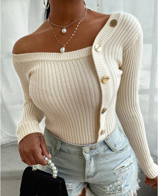 Button Design Long Sleeve Knit Sweater - smallgiftshops