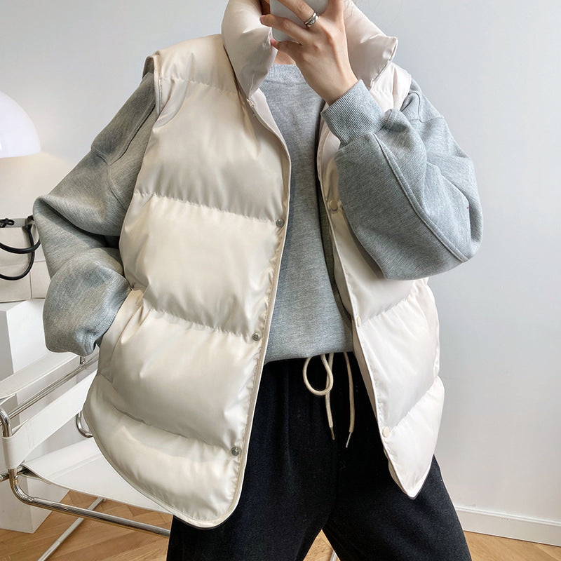 Korean down Cotton Vest Women Short Autumn Winter Loose Outer Wear Cotton Padded Jacket Vest Cotton Vest Coat  S Milk Apricot 