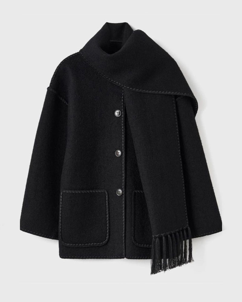 womens thickened loose woolen coat with fringed scarf