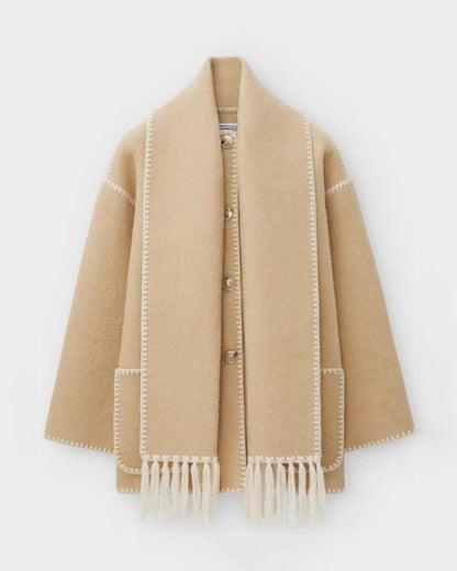 womens thickened loose woolen coat with fringed scarf