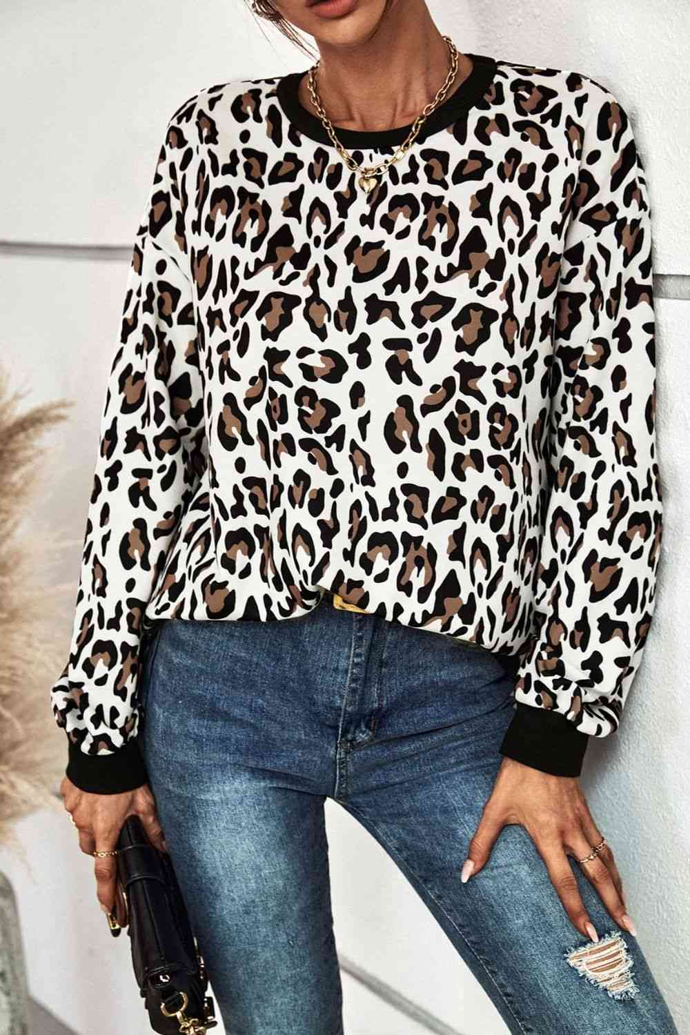 Leopard Print Round Neck Dropped Shoulder Sweatshirt (2 Colors) Shirts & Tops Krazy Heart Designs Boutique Beige/Leopard S 