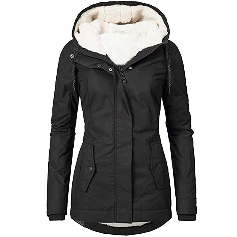 Women’s Solid Color Fleece-Lined Hooded Jacket