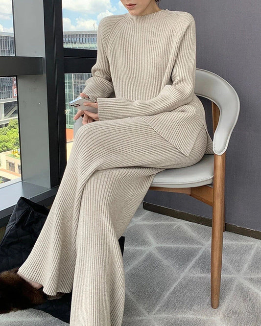 solid color knitted two piece casual loose loungewear knit sweater pants set