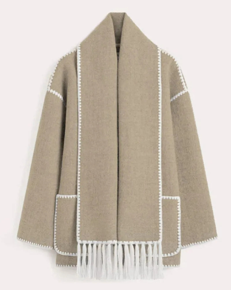 womens thickened loose woolen coat with fringed scarf