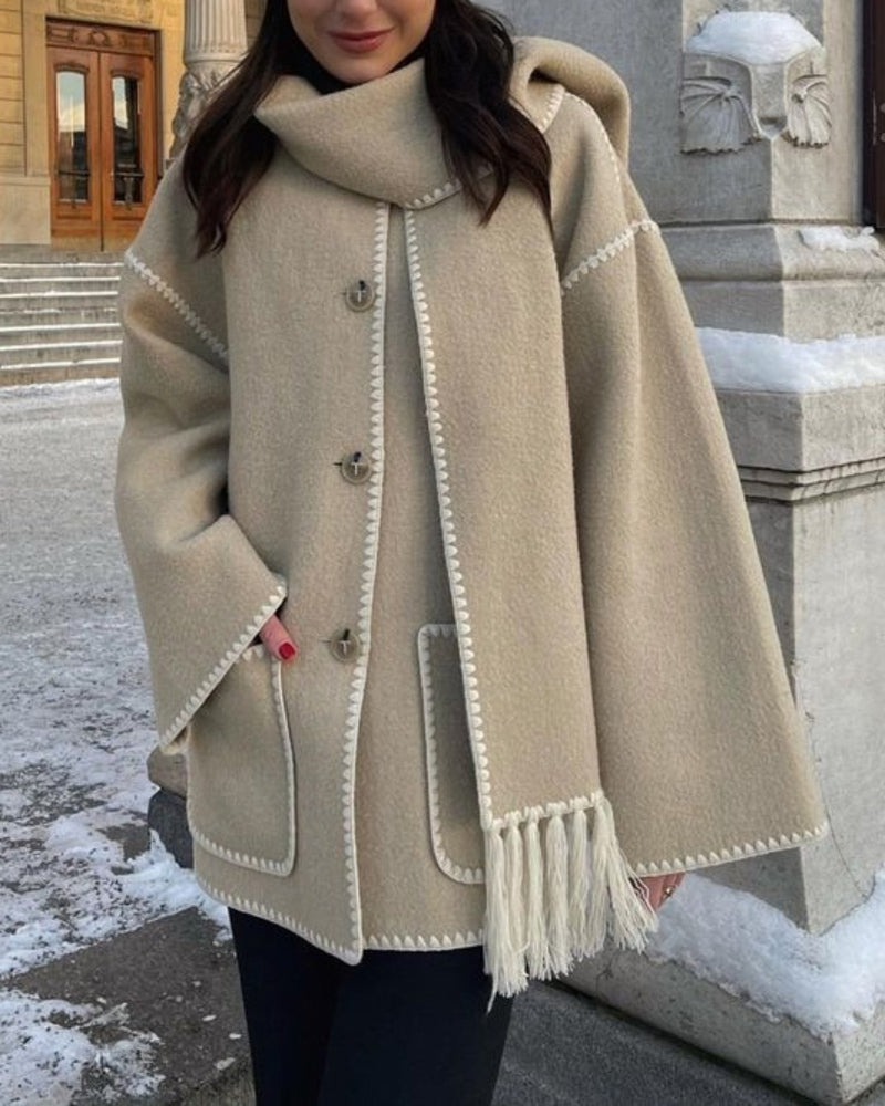 womens thickened loose woolen coat with fringed scarf