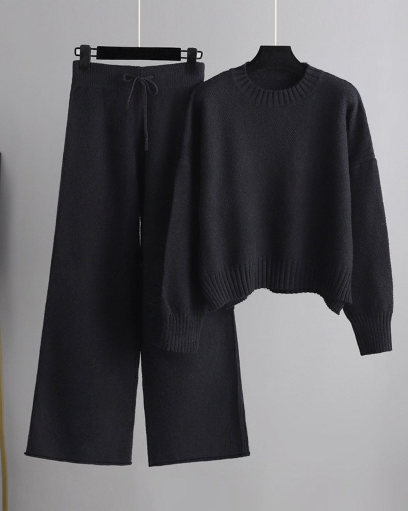 casual knit two piece set loose fit sweater and wide leg pants