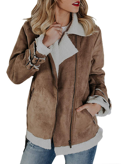 Faux Leather Lapel Patchwork Zipper Women Slim Jacket Coat