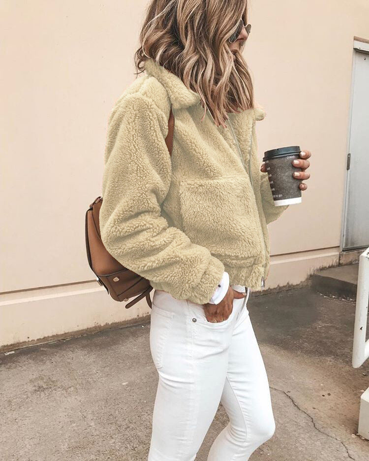 Solid Color Lapel Zipper Big Pockets Women Short Teddy Coat