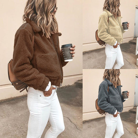 Solid Color Lapel Zipper Big Pockets Women Short Teddy Coat