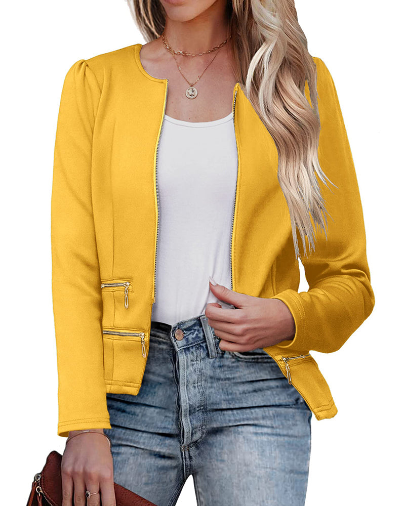 zeagoo womens blazer cropped open front zipper dress jacket o neck casual office suit jacket