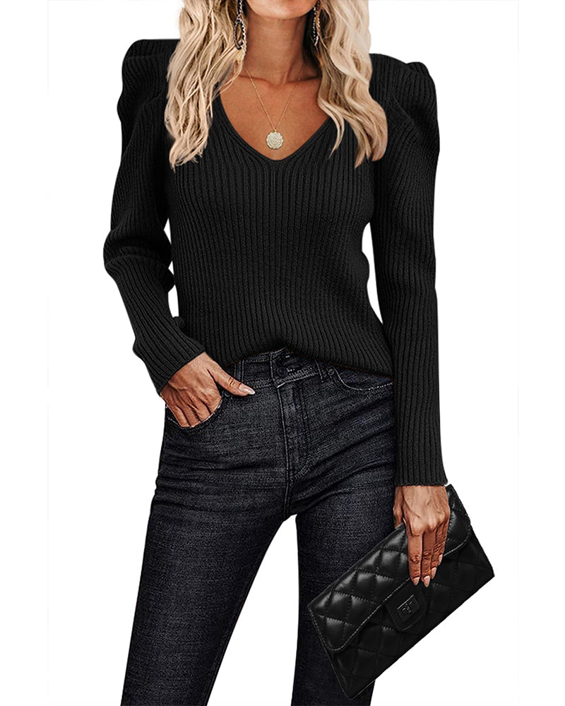 zeagoo v neck sweaters for women 2023 casual puff sleeve pullover sweater solid soft slim fit jumper tops