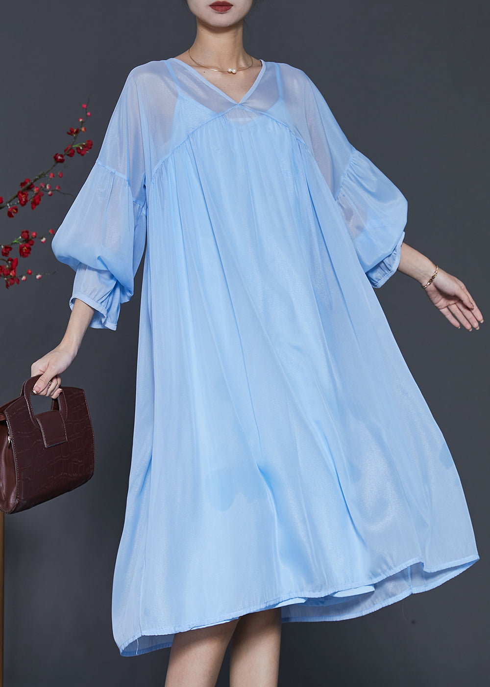 Bohemian Lake Blue Draping Chiffon Dress Two Piece Set Lantern Sleeve SD1040 Ada Fashion