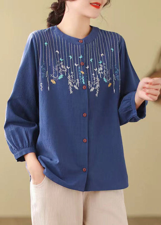 Bohemian Loose Blue Embroidered Linen Blouses Long Sleeve FF019 MZF-LTP240607