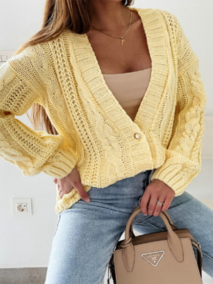 Cardigan Sweaters- Textured Cardigan Cable Knit Crop Sweater- Yellow- Pekosa Women Fashion