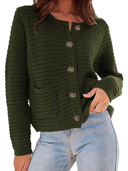 Cardigan sweaters- Everyday Warmth Button-Up Cardigan Sweater for Casual Wear- Deep green- Pekosa Women Clothing