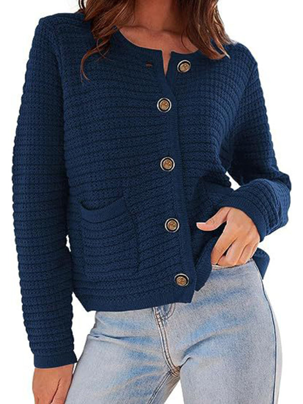 Cardigan sweaters- Everyday Warmth Button-Up Cardigan Sweater for Casual Wear- Purplish blue navy- Pekosa Women Clothing