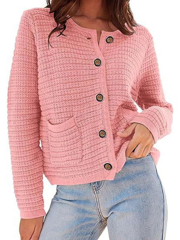 Cardigan sweaters- Everyday Warmth Button-Up Cardigan Sweater for Casual Wear- Peach- Pekosa Women Clothing