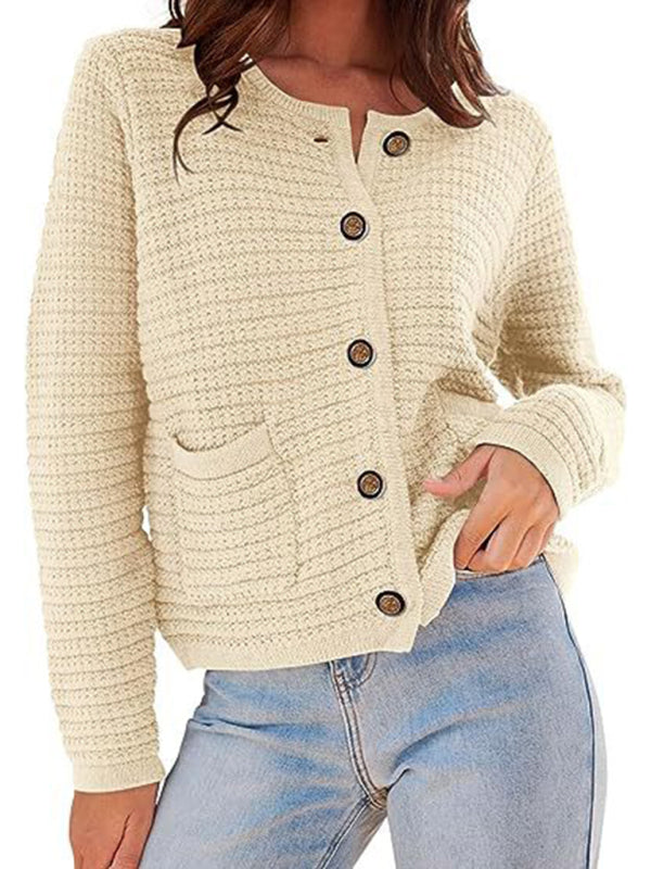 Cardigan sweaters- Everyday Warmth Button-Up Cardigan Sweater for Casual Wear- Cream- Pekosa Women Clothing