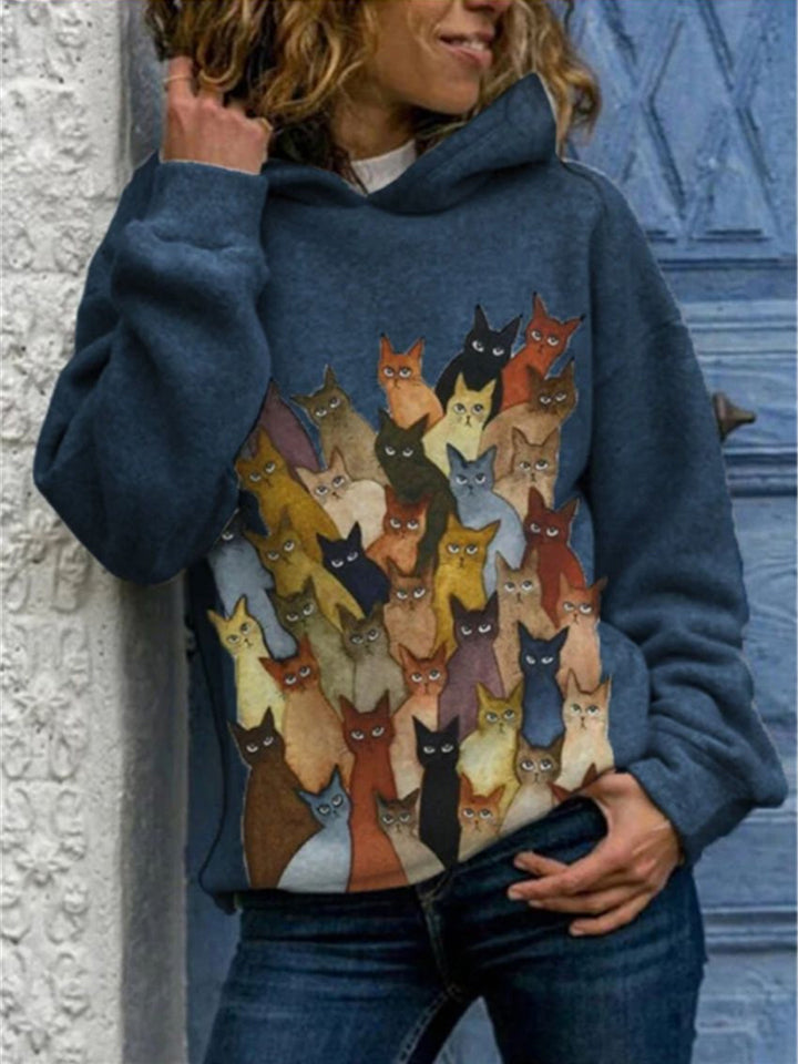 Extra Cozy Cats Printed Long Sleeve Hooded Sweatshirt Shopvhs.com