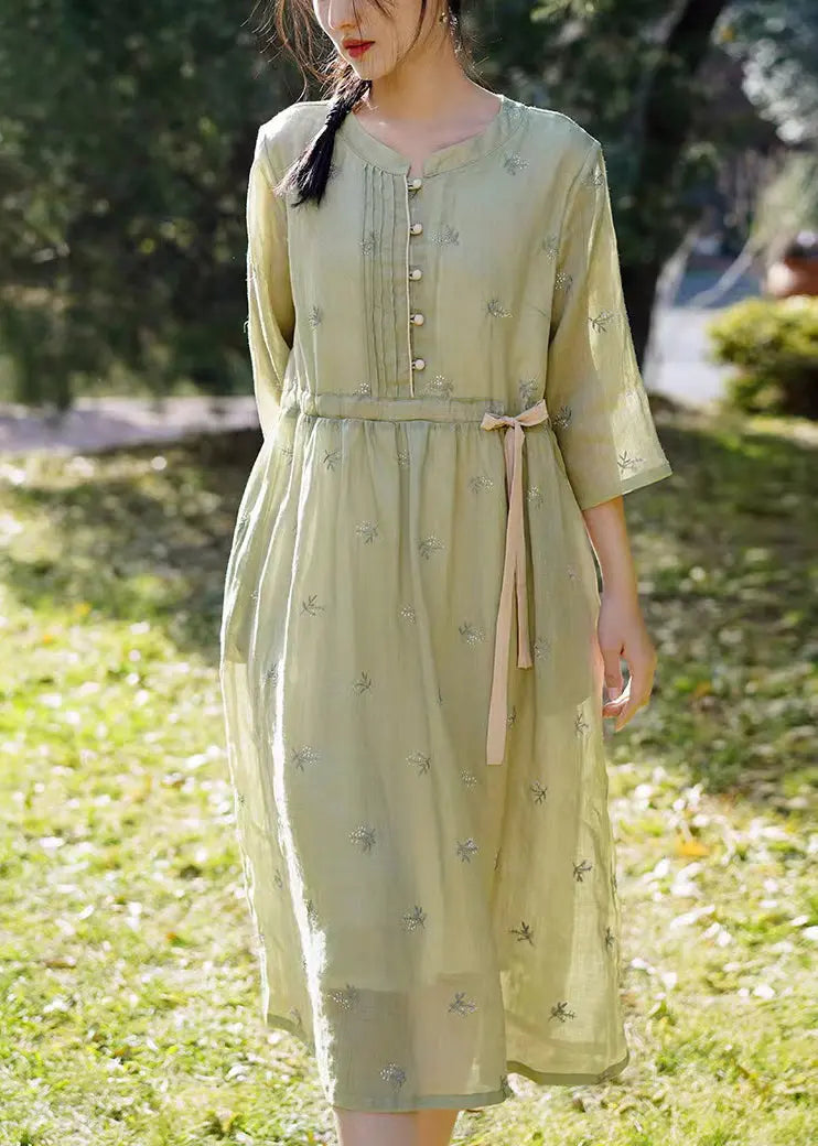 Green Tie Waist Linen Dresses O-Neck Bracelet Sleeve Ada Fashion