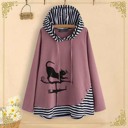 Striped Patchwork Cat Cartoon Print  Long Sleeve Hoodie freeshipping - Tyche Ace