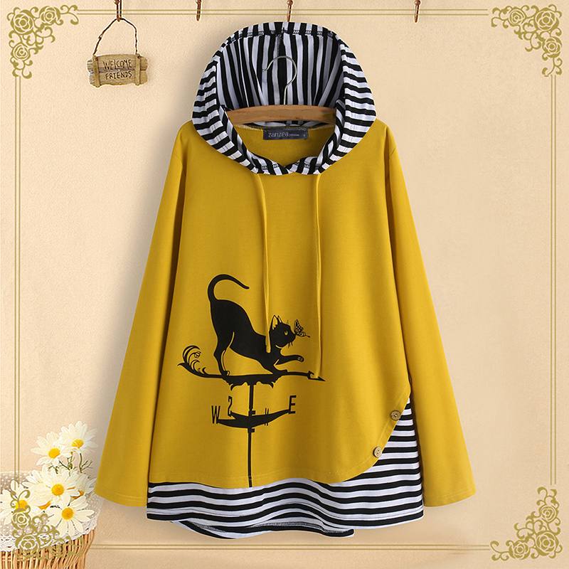 Striped Patchwork Cat Cartoon Print  Long Sleeve Hoodie freeshipping - Tyche Ace