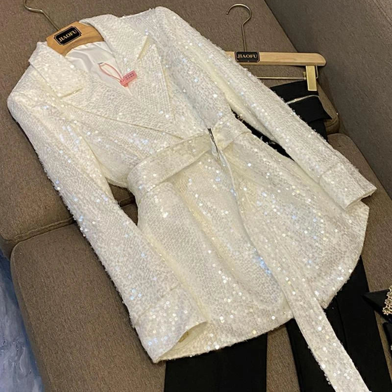 Long Sleeve Sequin Belted Fashion Blazer and Pant