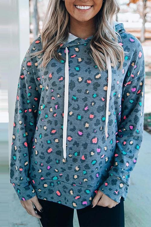 Colorful Leopard Drawstring Hoodie - girlyrose.com