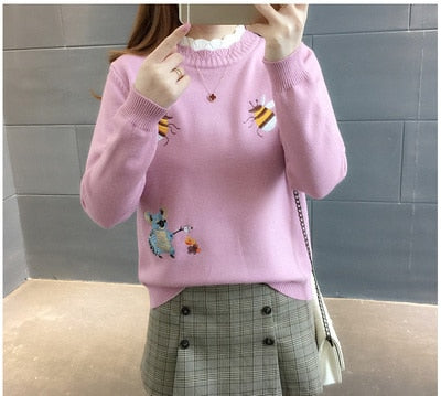 Little Bee Embroidery Loose Warm Sweater freeshipping - Tyche Ace