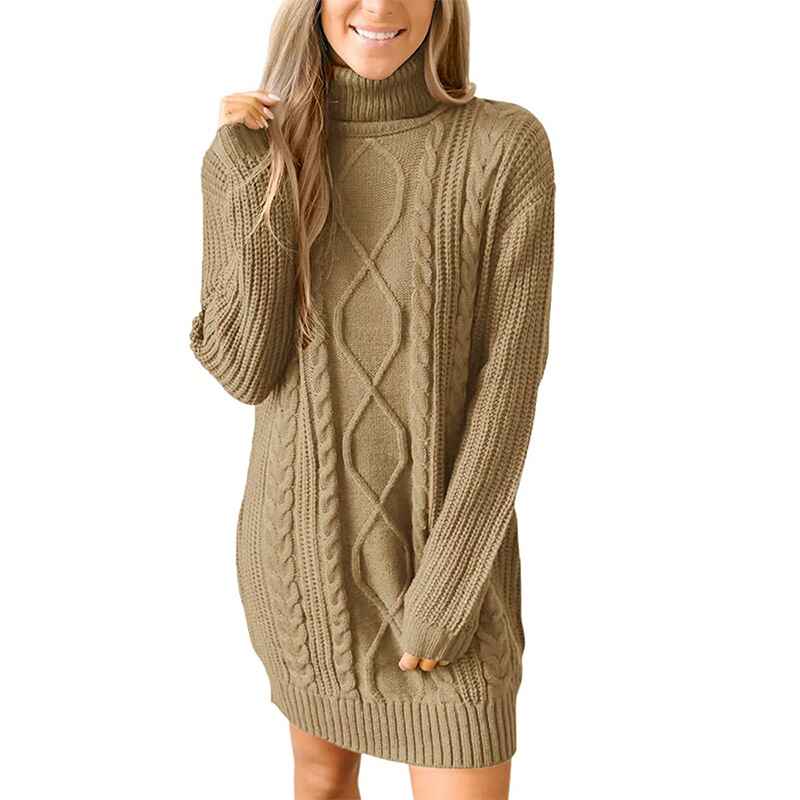     Green-Women-Turtleneck-Cable-Knit-Sweater-Dress-Casual-Loose-Long-Sleeve-Mini-Pullover-K056