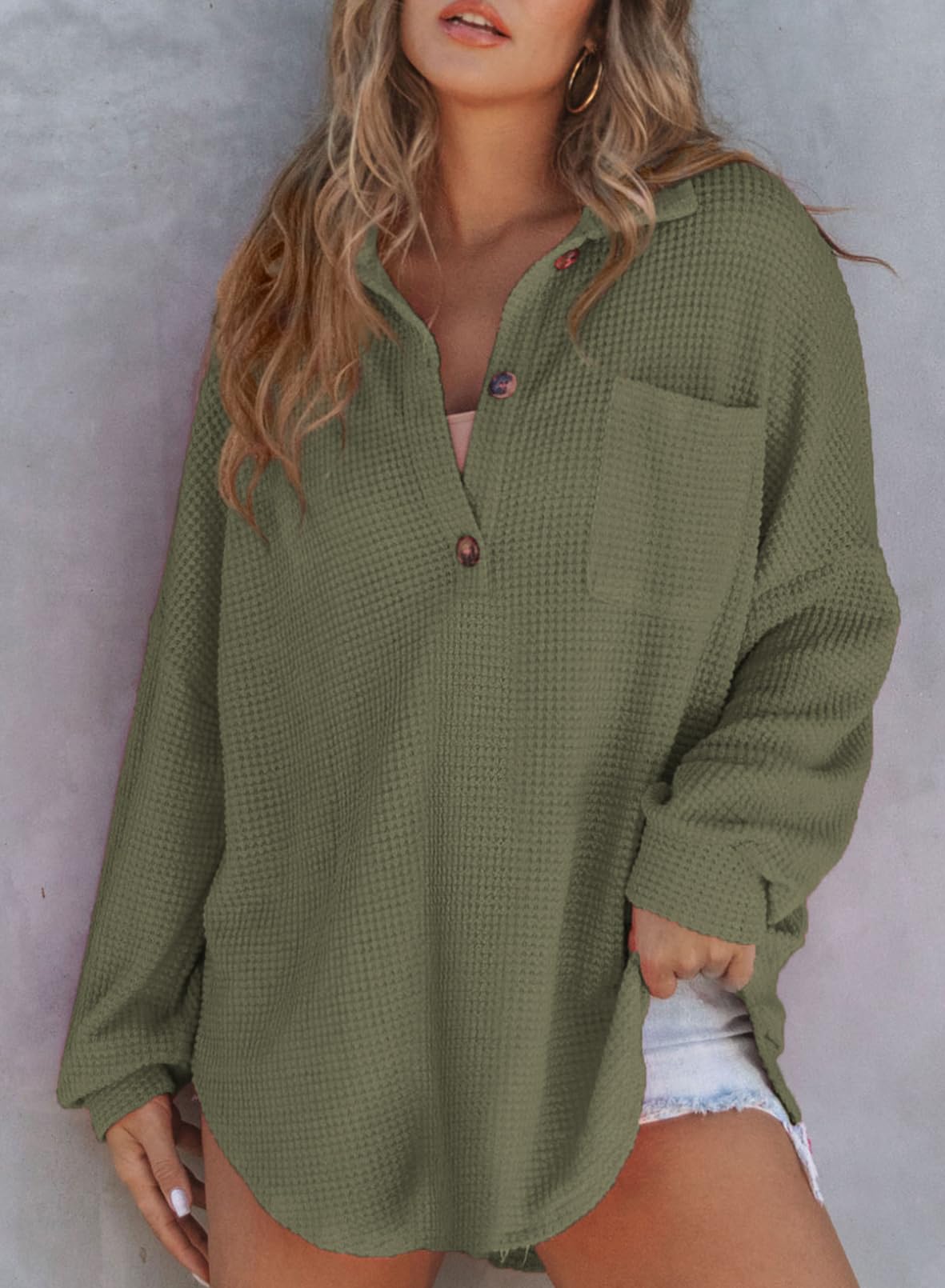 2024 New Women's Waffle Knit Henley V Neck Shirt Jacket(buy 2 10% OFF)