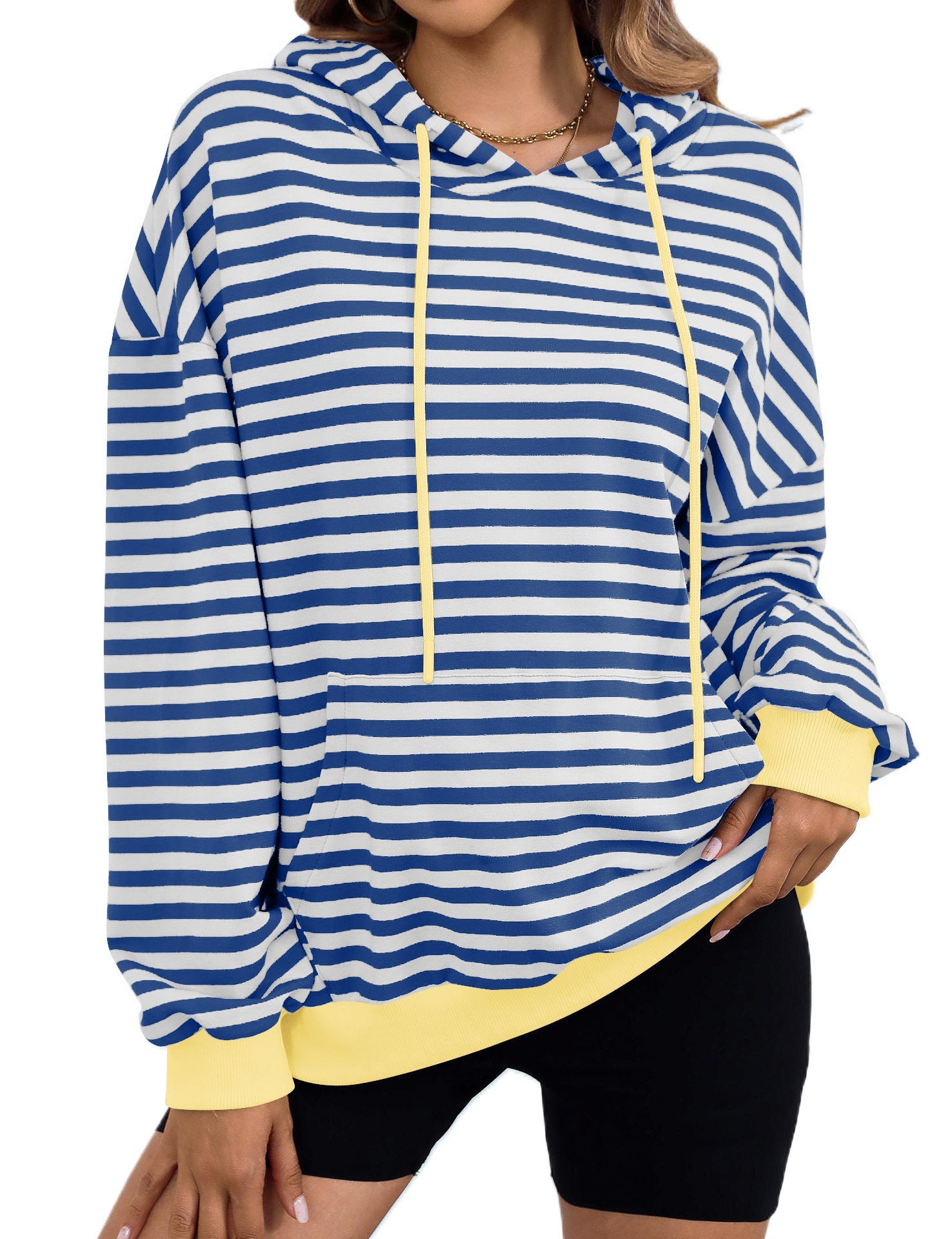 Women's Long Sleeve Striped Hoodie with Kangaroo Pocket