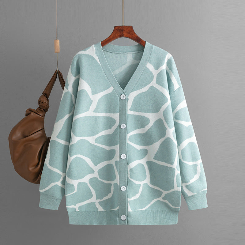 V-Neck Jacquard Sweater with Animal Print Pattern and Long Line Baggy Coat  One Size Apricot 