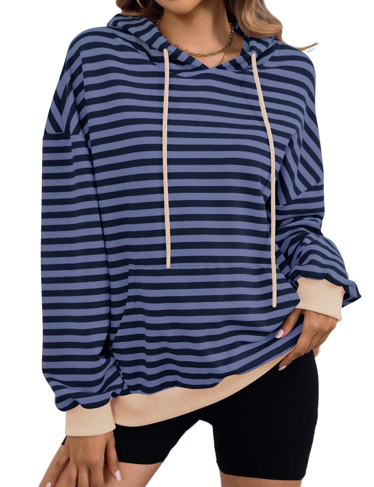 Women's Long Sleeve Striped Hoodie with Kangaroo Pocket