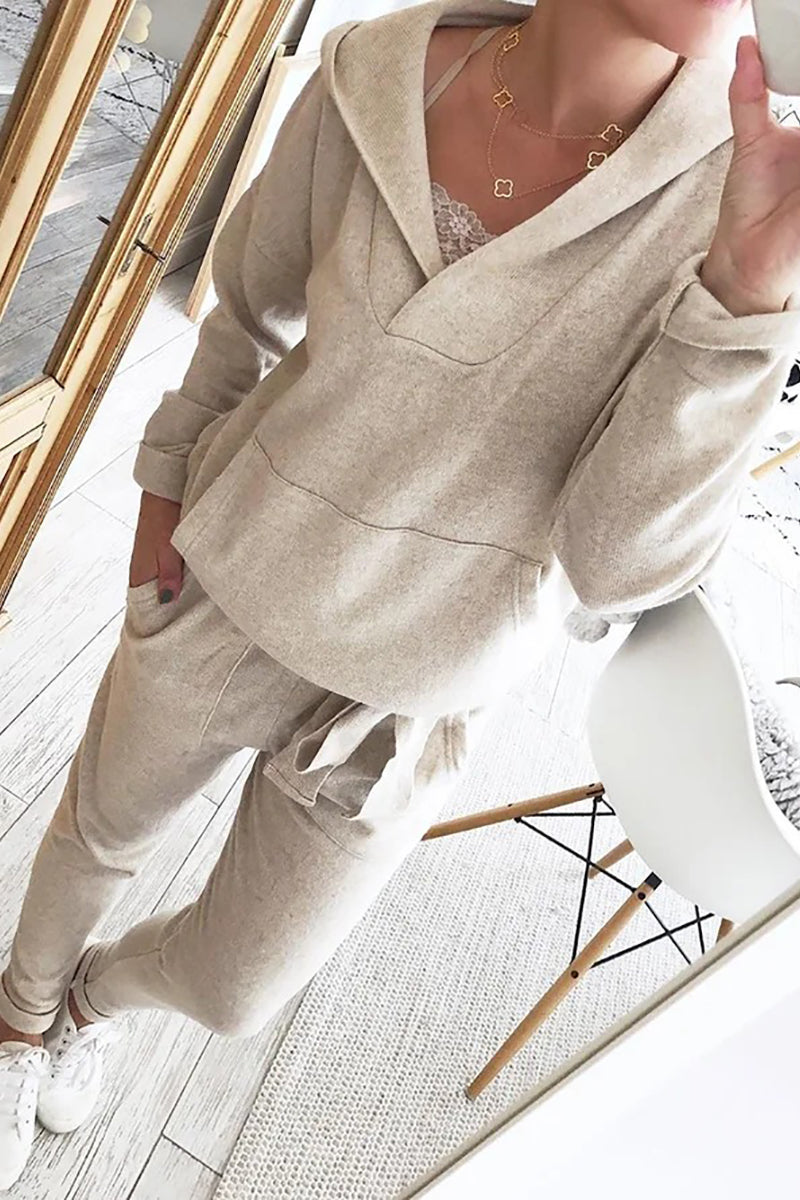 V Neck Pockets Hoodie Jogger Set - Fashiondia