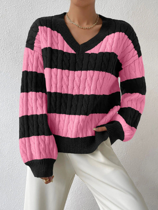 Autumn Winter Lazy Knitwear Loose Women V Neck Retro Contrast Color Striped Sweater-Fancey Boutique