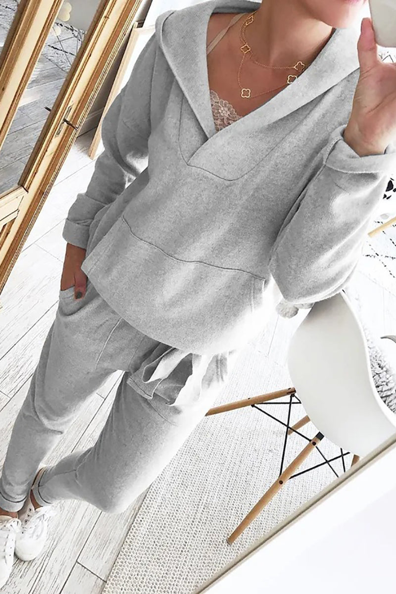 V Neck Pockets Hoodie Jogger Set - Fashiondia