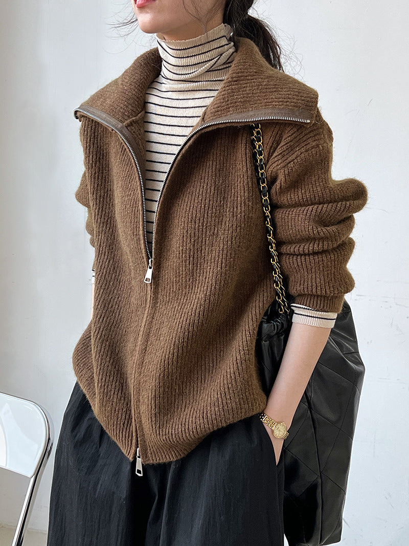 Lazy Double Zipper Knitted Sweater Cardigan Coat for Women    