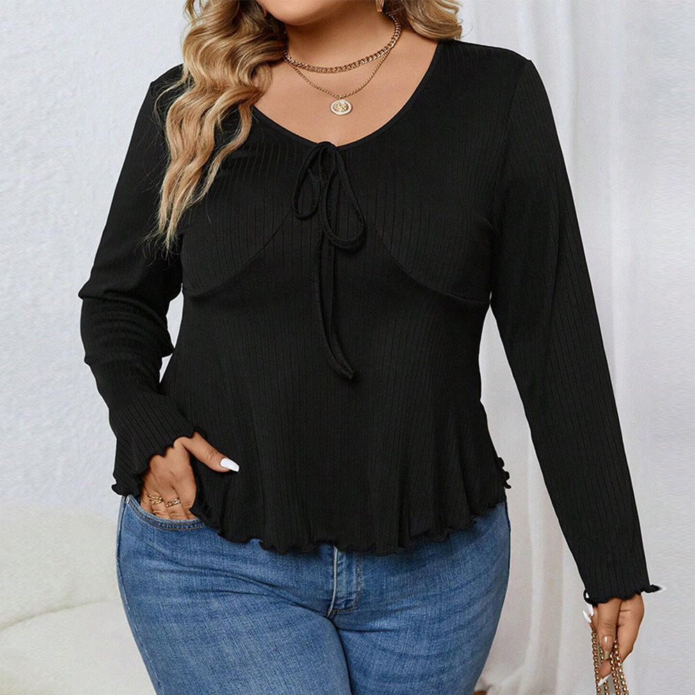 Flattering V-Neck Plus Size Long-Sleeved T-Shirt for Autumn and Winter    