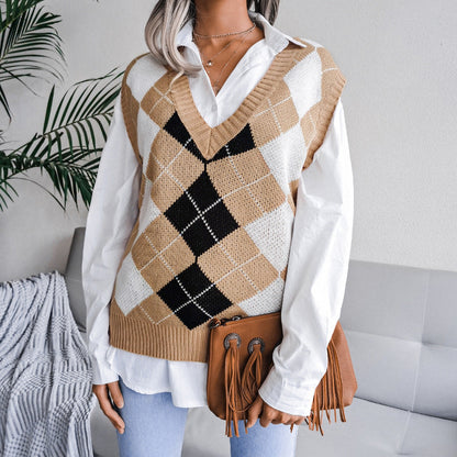 Stylish Rhombus V-Neck Knit Vest Sweater for Women    