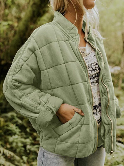 Quilted Jackets- Solid Cotton Blend High Neck Zip-Up Quilted Jacket- - Pekosa Women Clothing