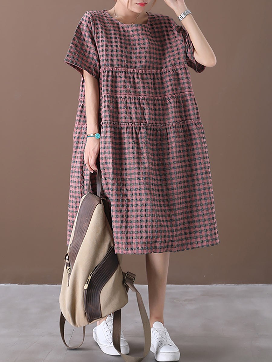 Plus Size Summer Plaid Round Neck Cotton Linen Midi Dress XX1060 Ada Fashion