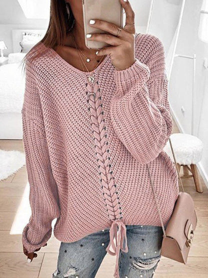 Sweaters- Braid Knit Sweater | Relaxed Drop Shoulder Jumper- - Pekosa Women Clothing